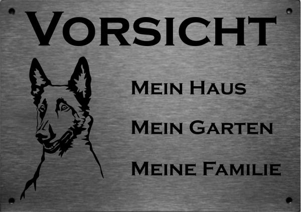 Edelstahl Warnschild Malinois VORSICHT Mein Haus mein Garten meine Familie